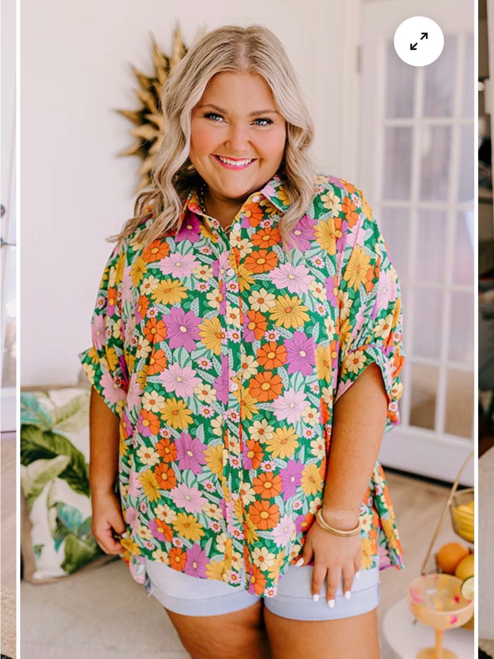 Umgee Green Floral Button-Down Shirt with Pink & Orange Blooms